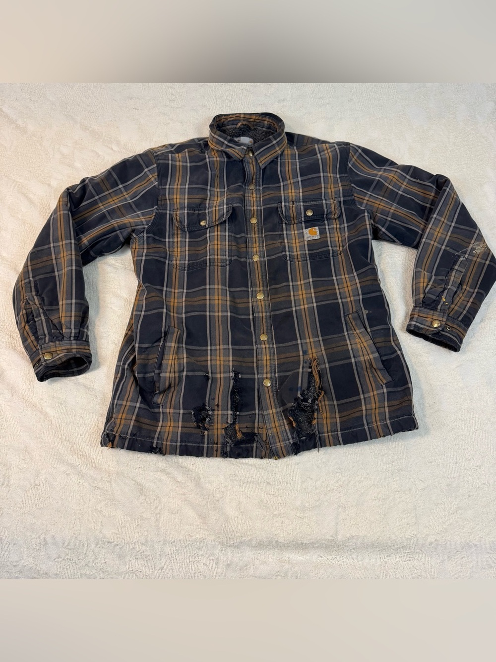 Carhartt Plaid Sherpa Lined Shirt Jacket Large L Distressed Thrashed Workwear
